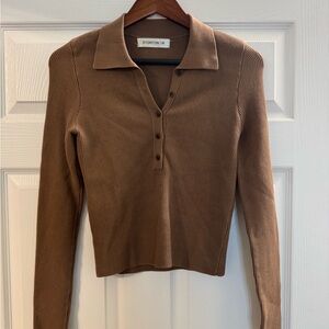 Women's Brown Ribbed Collared Long Sleeve Top